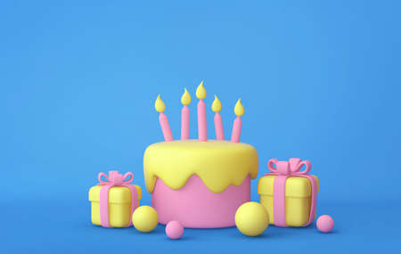 Cartoon cake with candles and gift boxes on blue background. 3D renderingの写真素材