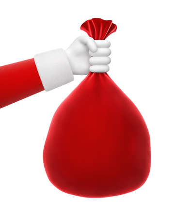 Santa Claus hand holding red bag full of christmas presents isolated on white background. 3D renderingの写真素材