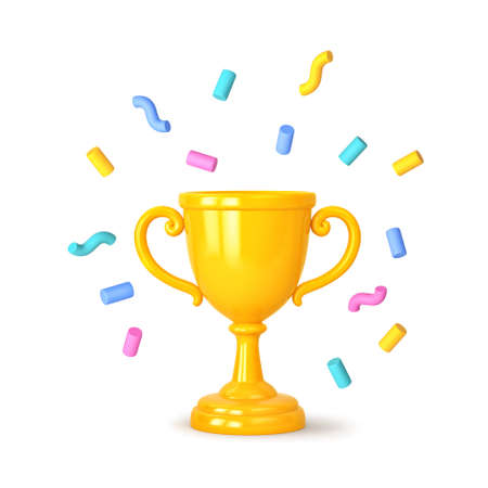 Cartoon winners trophy, champion cup with falling confetti isolated on white. 3D renderingの写真素材