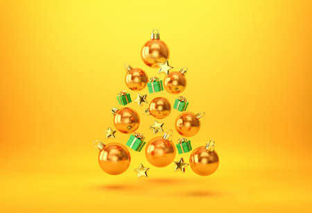 Hanging Christmas decorations isolated on purple background. 3D renderingの写真素材
