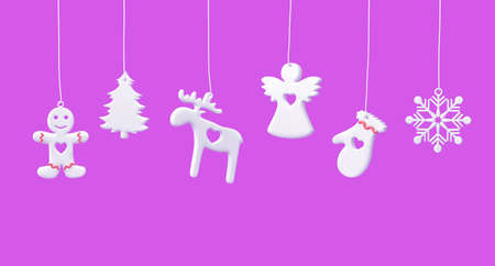 Hanging Christmas decorations isolated on purple background. 3D renderingの写真素材