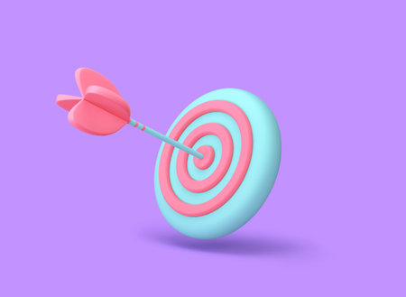 Arrow on the center of target isolated on purple background. Business goal, success concept. 3D renderingの写真素材