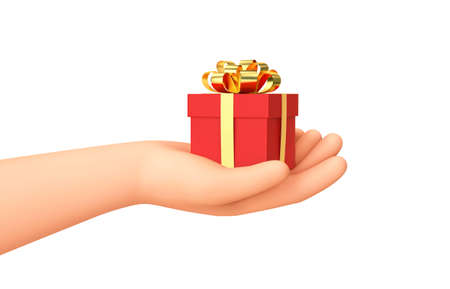 Cartoon hand holding red gift box with golden ribbon isolated on white. 3D renderingの写真素材