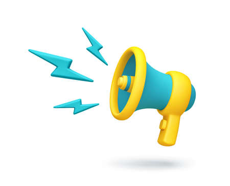 Blue and yellow megaphone isolated on white background. 3D renderingの写真素材