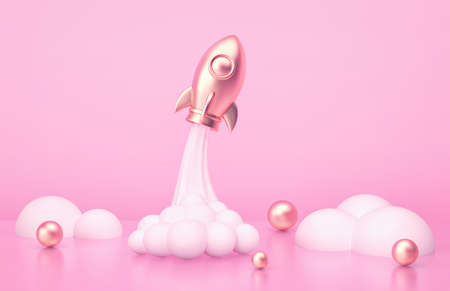 Golden rocket launch anp white clouds on pink background. 3D renderingの写真素材