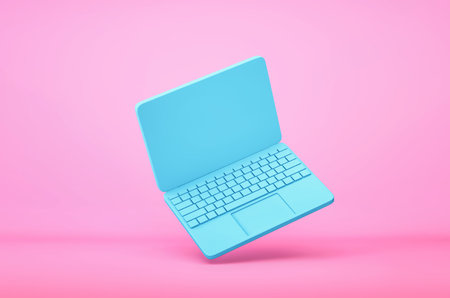 Blue laptop flying on pink background. 3D renderingの写真素材