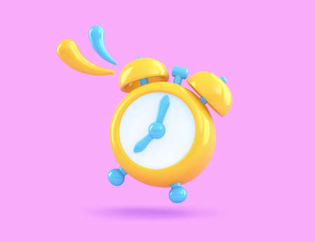 Wake up time. Yellow and blue alarm clock isolated on purple background. 3D renderingの写真素材