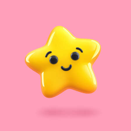 Yellow happy star with smile face isolated on pink background. 3D rendering with clipping path