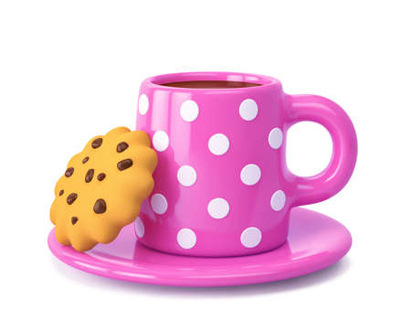 Polka dot mug with hot drink and chocolate cookie isolated on white backgrond. 3D rendering with clipping pathの写真素材