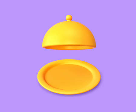 Yellow serving tray and cloche isolated on purple background. 3D rendering with clipping pathの写真素材