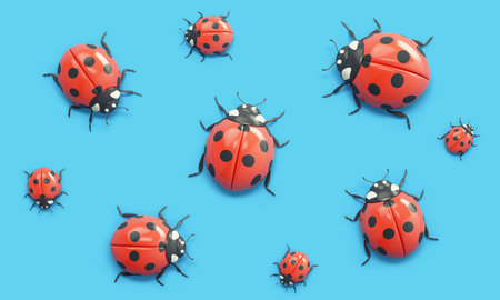Cartoon ladybugs on blue background. top view. 3D rendering