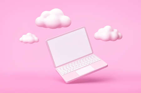 Laptop with white clouds on pink background. 3D renderingの写真素材
