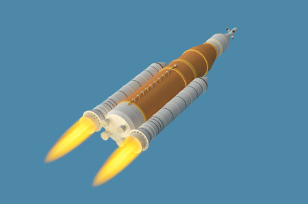 Spaceship with flame isolated on blue background. 3D renderingの写真素材