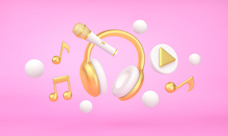 Gold and white headphones, microphone and musical notes flying over pink background. 3D renderingの写真素材