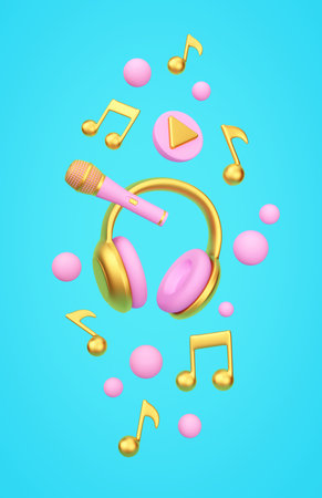 Gold and pink headphones, microphone and musical notes flying over blue background. 3D renderingの写真素材