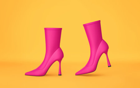 Vivid pink high heels boots isolated on yellow background. 3D renderingの写真素材