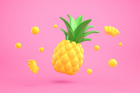 Cartoon pineapple, pineapple slices, drops of pineapple juice flying over pink background. 3D renderingの写真素材