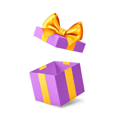 Purple open gift box with yellow ribbon and bow isolated on white. 3D rendering with clipping pathの写真素材