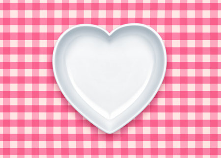 White plate in shape of heart on a pink checkered tablecloth. 3D renderingの写真素材