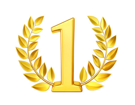 Golden laurel wreath with number one isolated on white background. 3D renderingの写真素材