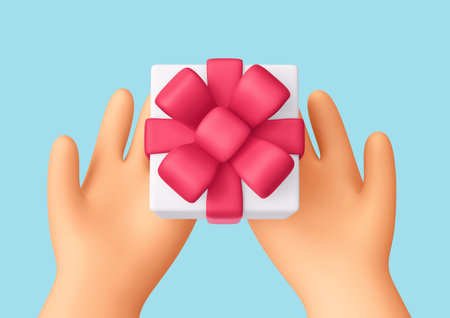 Hands holding gift box with pink bow isolated on blue background. 3D renderingの写真素材