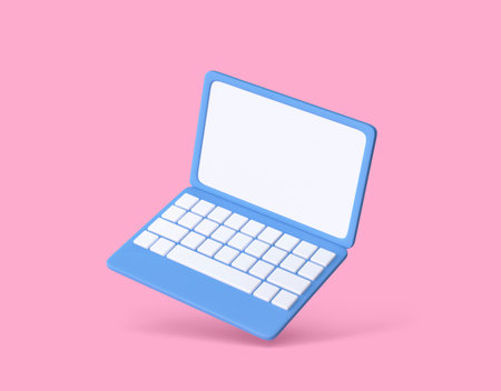 Blue laptop isolated on pink background. 3D renderingの写真素材