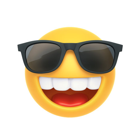 Emoji with sunglasses and open smile isolated on white background. 3D renderingの写真素材