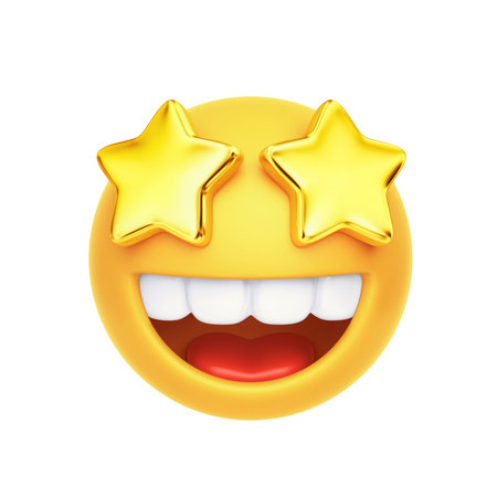Emoji with golden starry eyed and open smile isolated on white background. 3D renderingの写真素材