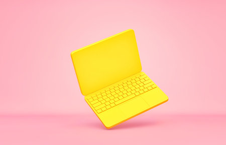 Yellow laptop flying on pink background. 3D renderingの写真素材