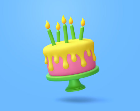 Flying cartoon cake with candles isolated on blue background. 3D renderingの写真素材