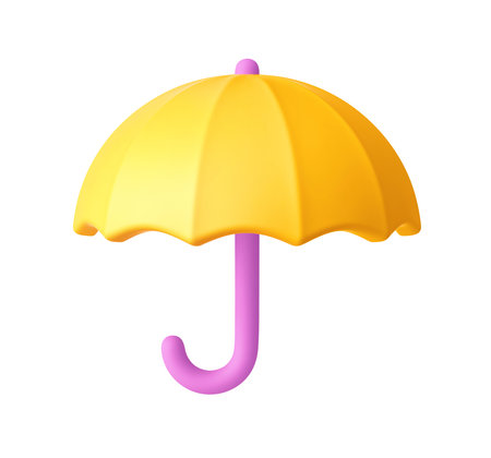 Cartoon icon yellow and purple umbrella isolated on white. 3D renderingの写真素材