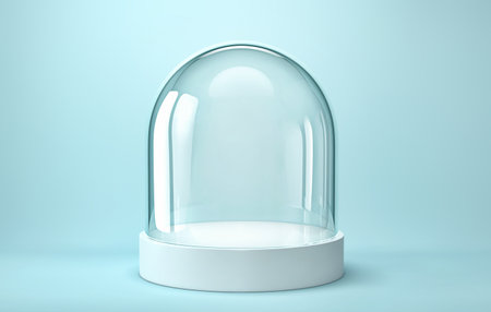Empty glass dome on white podium on blue background. 3D renderingの写真素材