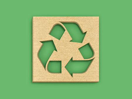 Recycle symbol on cardboard isolated on green background. 3D renderingの写真素材