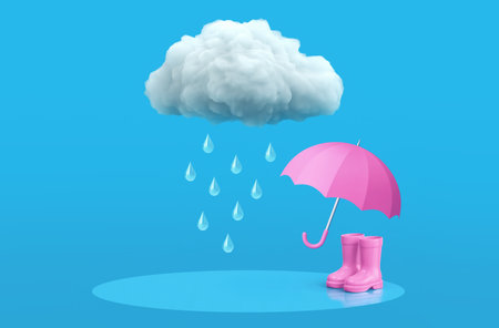 Pink umbrella and rubber boots under rain cloud on blue background. 3D renderingの写真素材