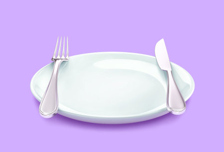 Empty white plate with fork and knife isolated on purple background. 3D renderingの写真素材
