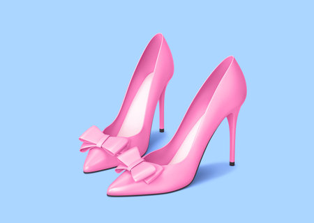 Pink high heels shoes with bow isolated on blue background. 3D renderingの写真素材