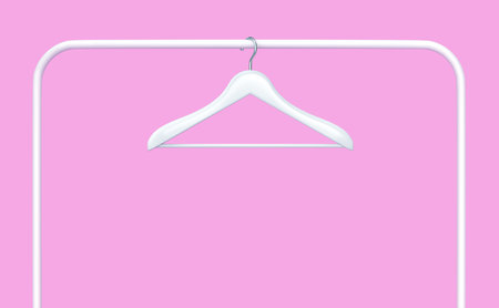 White rack with clothes hanger isolated on purple background. 3D renderingの写真素材