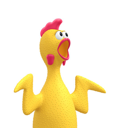 Screaming rubber chicken, surprised chicken, rooster isolated on white. 3D renderingの写真素材