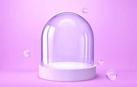 Empty glass dome with glass spheres on purple background. 3D renderingの写真素材