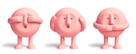 Three cartoon characters covering his eyes, ears and mouth like the three wise monkeys. Don't see, don't hear, don't speak concept. 3D renderingの写真素材