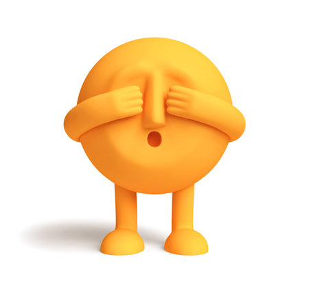 Orange cartoon character covering his eyes playing hide and seek. 3D renderingの写真素材
