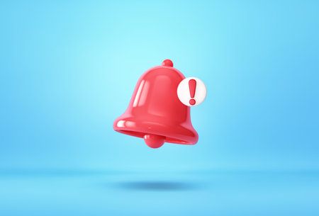 Red notification bell with emergency notification on blue background. 3D renderingの写真素材