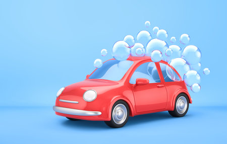 Red car with soap bubbles on blue background. Car washing service concept. 3D renderingの写真素材