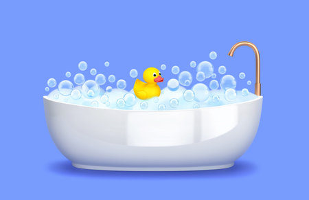 Bathtub with foam, soap bubbles and yellow rubber duck isolated on blue background. Bathing and relaxing concept. 3D renderingの写真素材