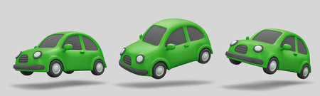 Jumping green cars isolated on gray background. 3D renderingの写真素材