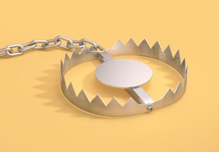 Open metal bear trap with metal chain on yellow background. 3D renderingの写真素材