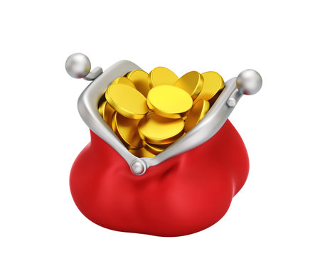 Red wallet full of gold coins isolated on white background. 3D renderingの写真素材
