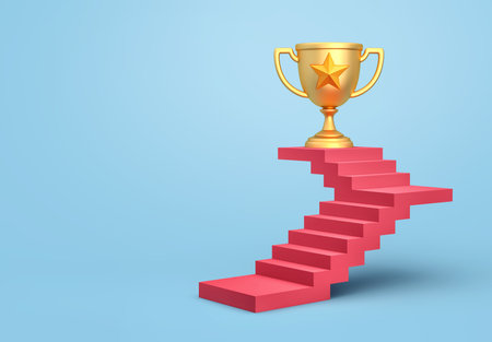 Golden trophy cup with star at the top of the stairs. Business success concept. 3D renderingの写真素材