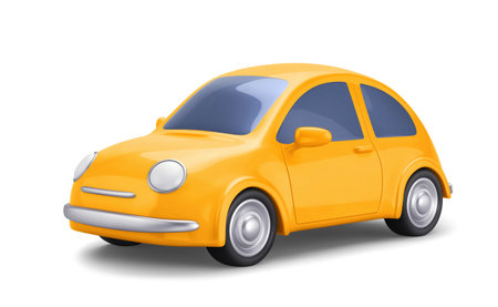 Yellow car isolated on white background. 3D rendering with clippin pathの写真素材