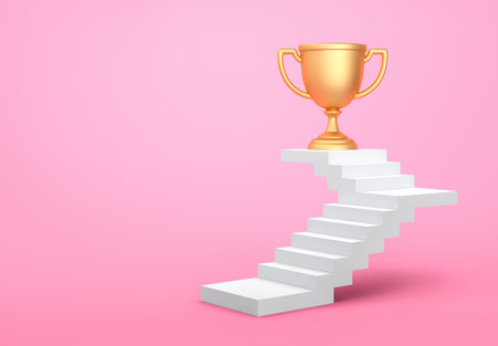 Golden trophy cup at the top of the stairs. Business success concept. 3D renderingの写真素材